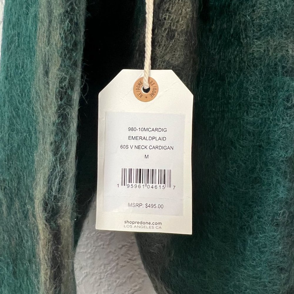 $495 NWT RE/DONE EMERALD PLAID 60S VNECK CARDIGAN SWEATER SZ MEDIUM - Picture 7 of 8